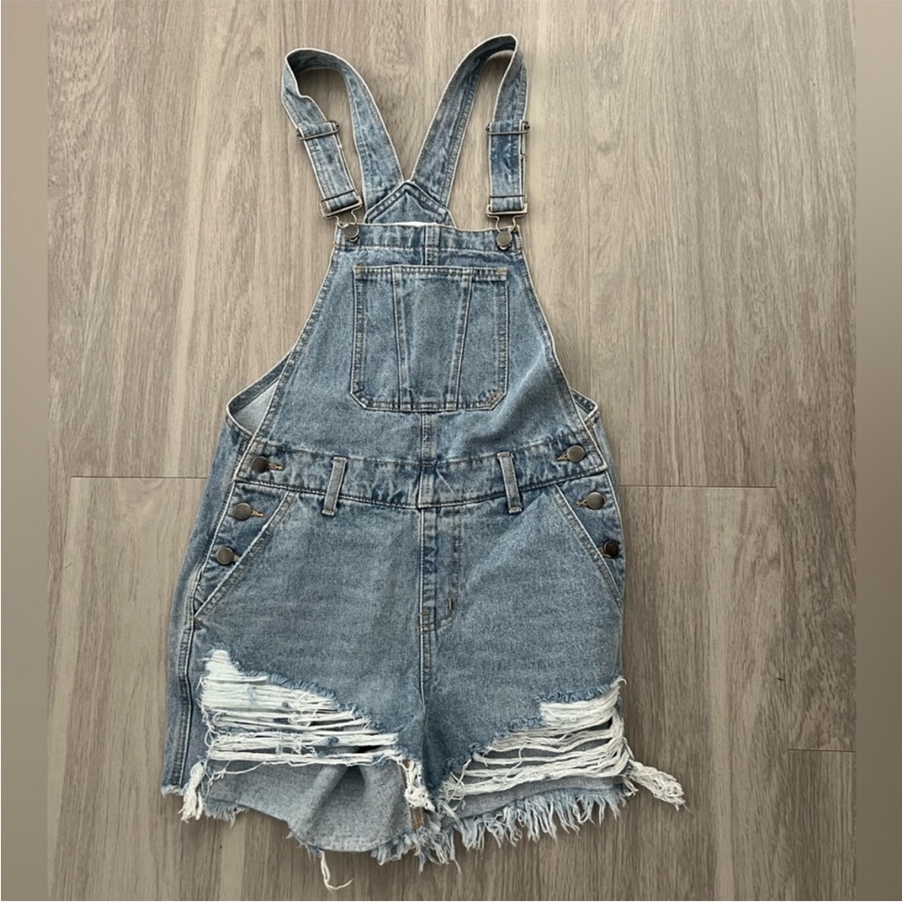 Nature Denim Distressed Short Overalls Small Blue Denim Bib Shorts Y2K